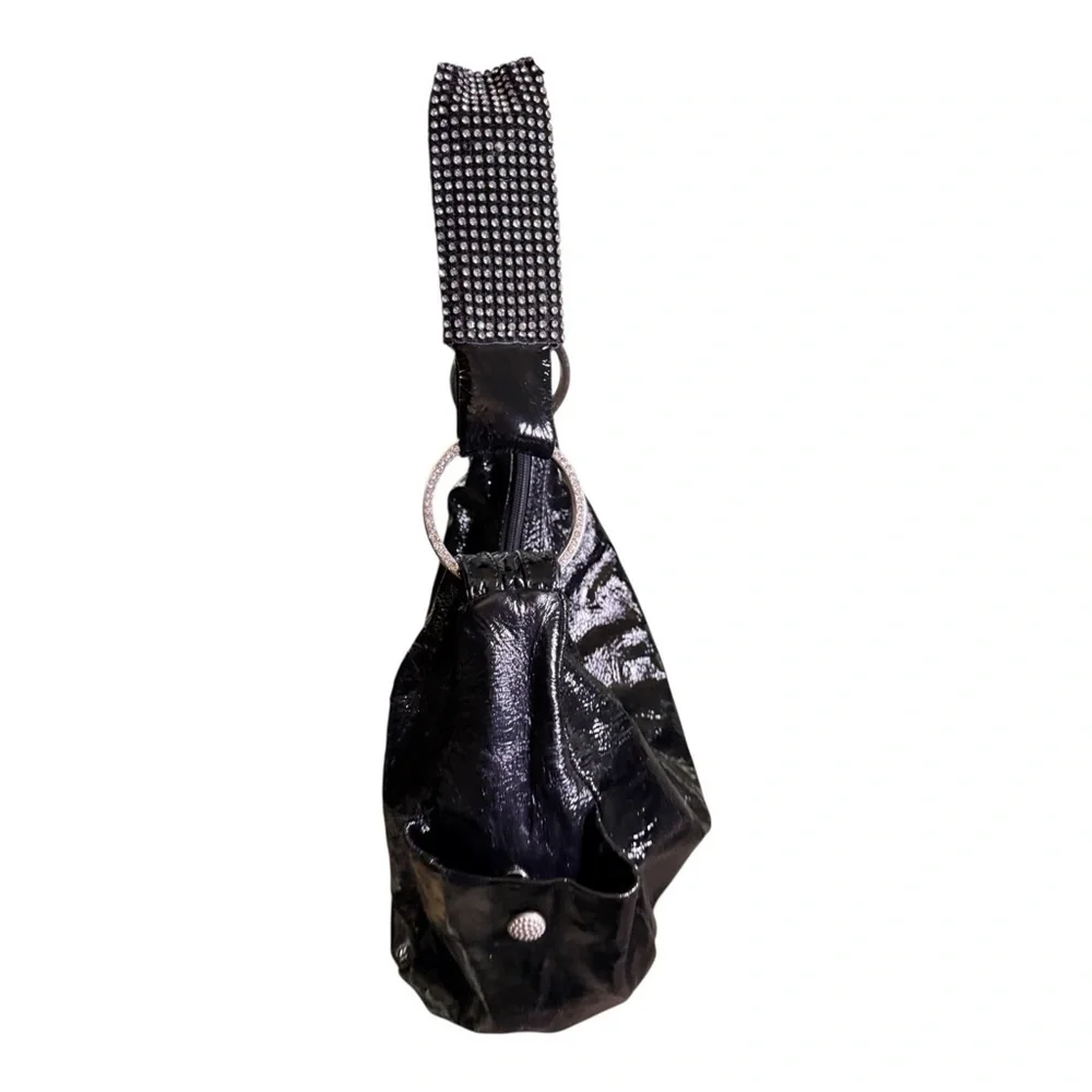 DXtouch Black Patent Leather Shoulder Bag Rhinestone Strap Y2K Glam Hobo Bag